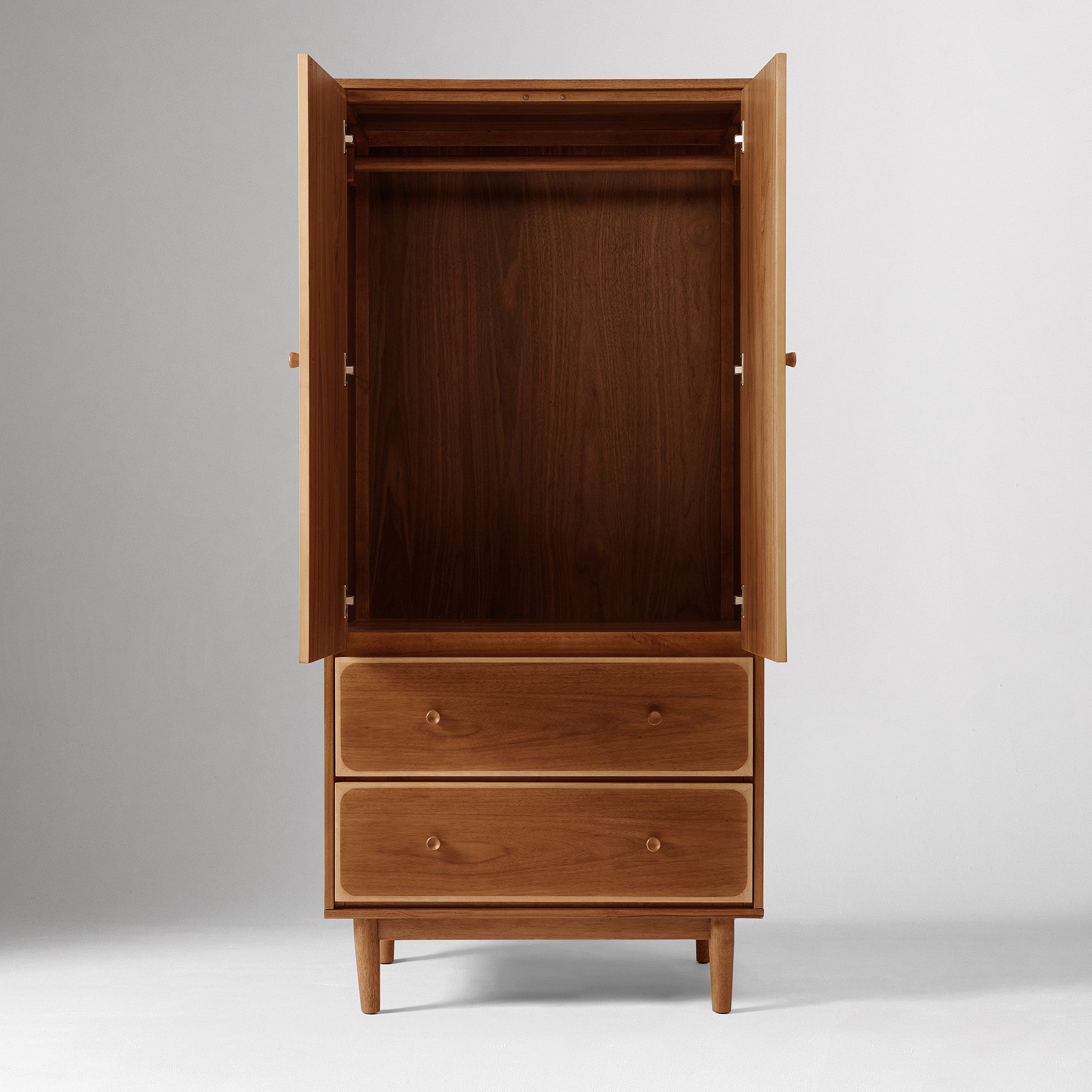 Two-tone wooden wardrobe in teak wood with walnut veneer