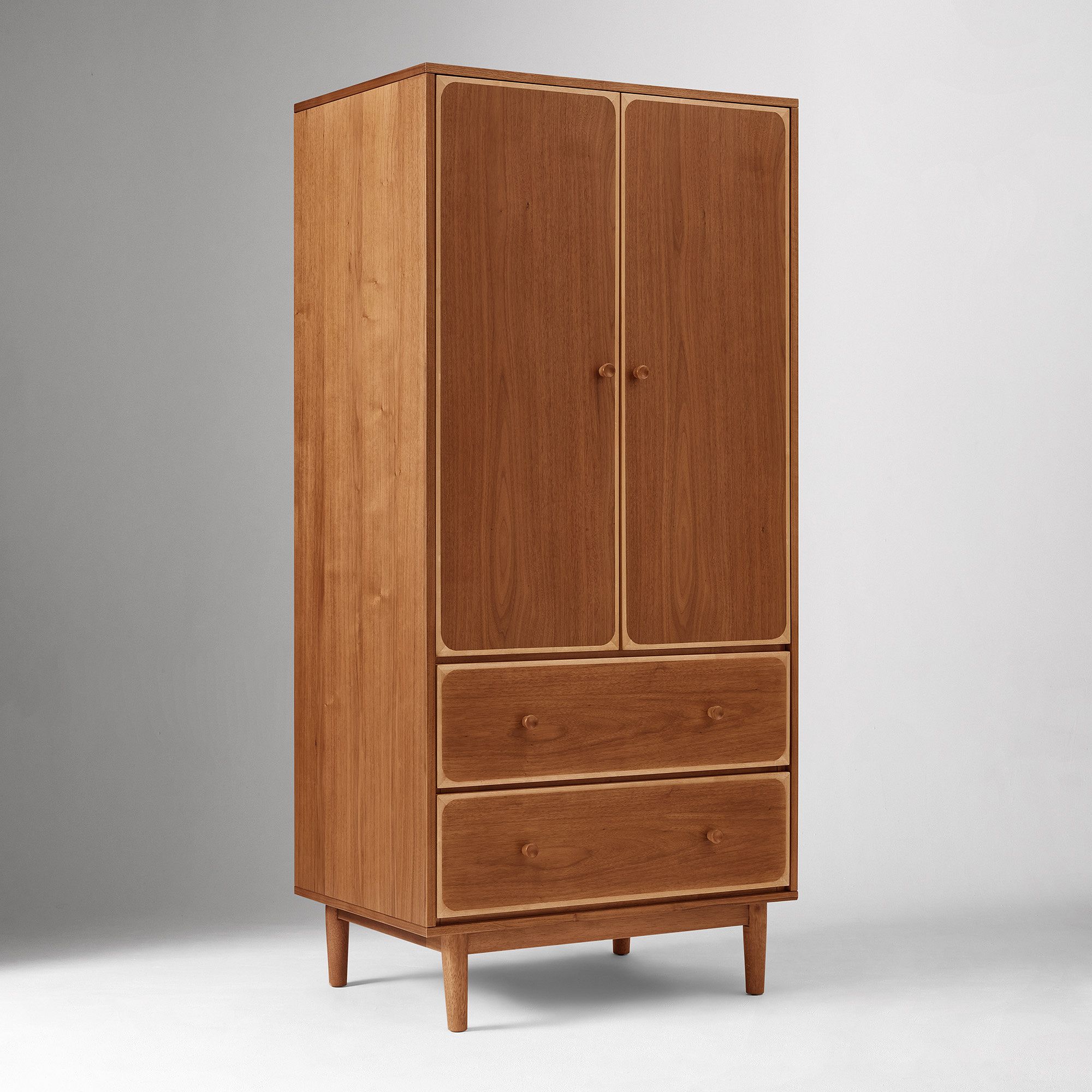 Two-tone wooden wardrobe in teak wood with walnut veneer