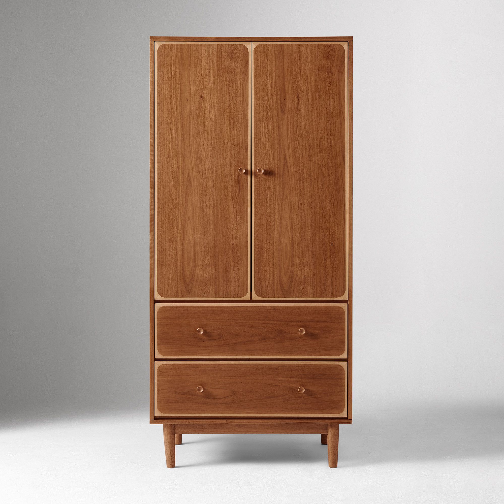 Two-tone wooden wardrobe in teak wood with walnut veneer