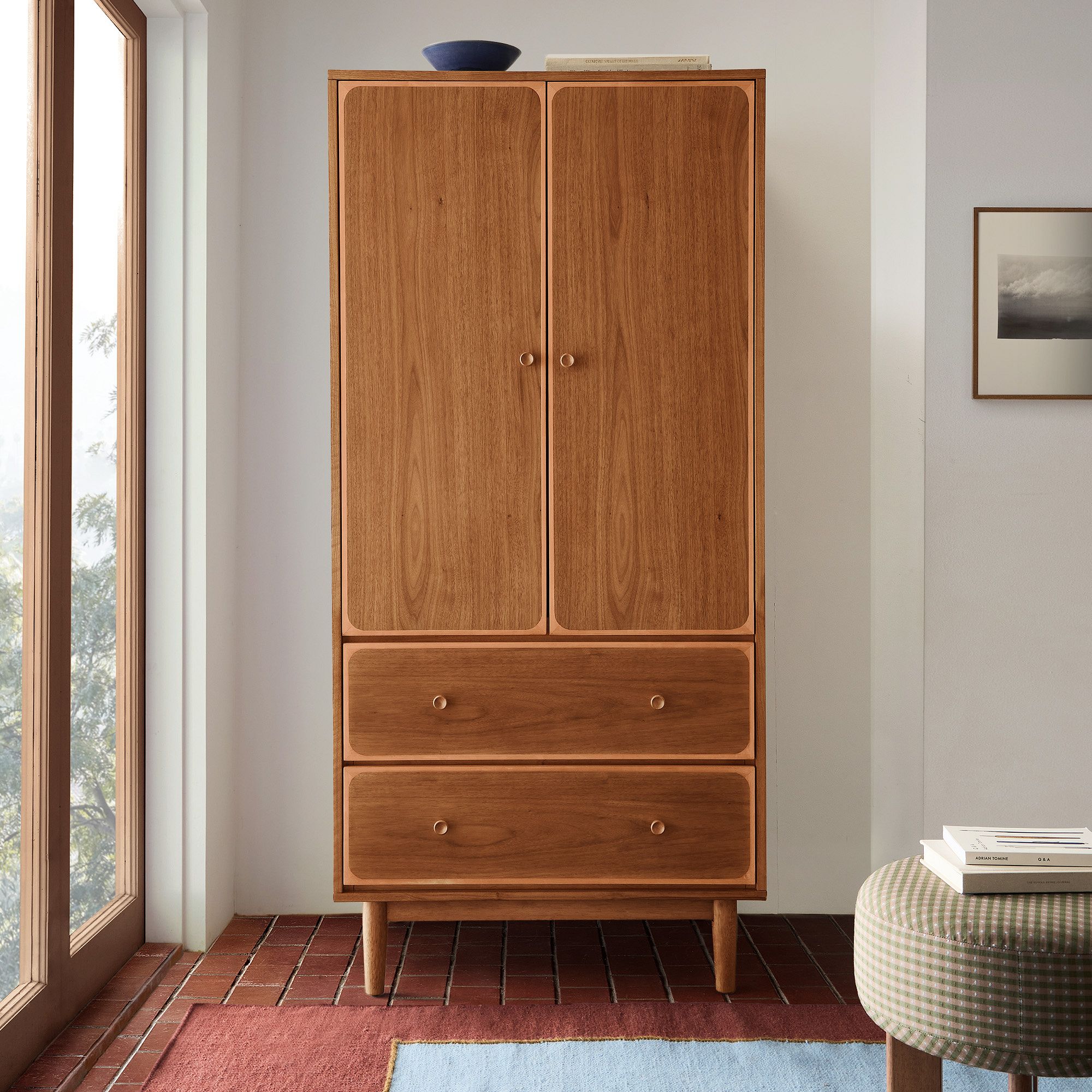 Two-tone wooden wardrobe in teak wood with walnut veneer