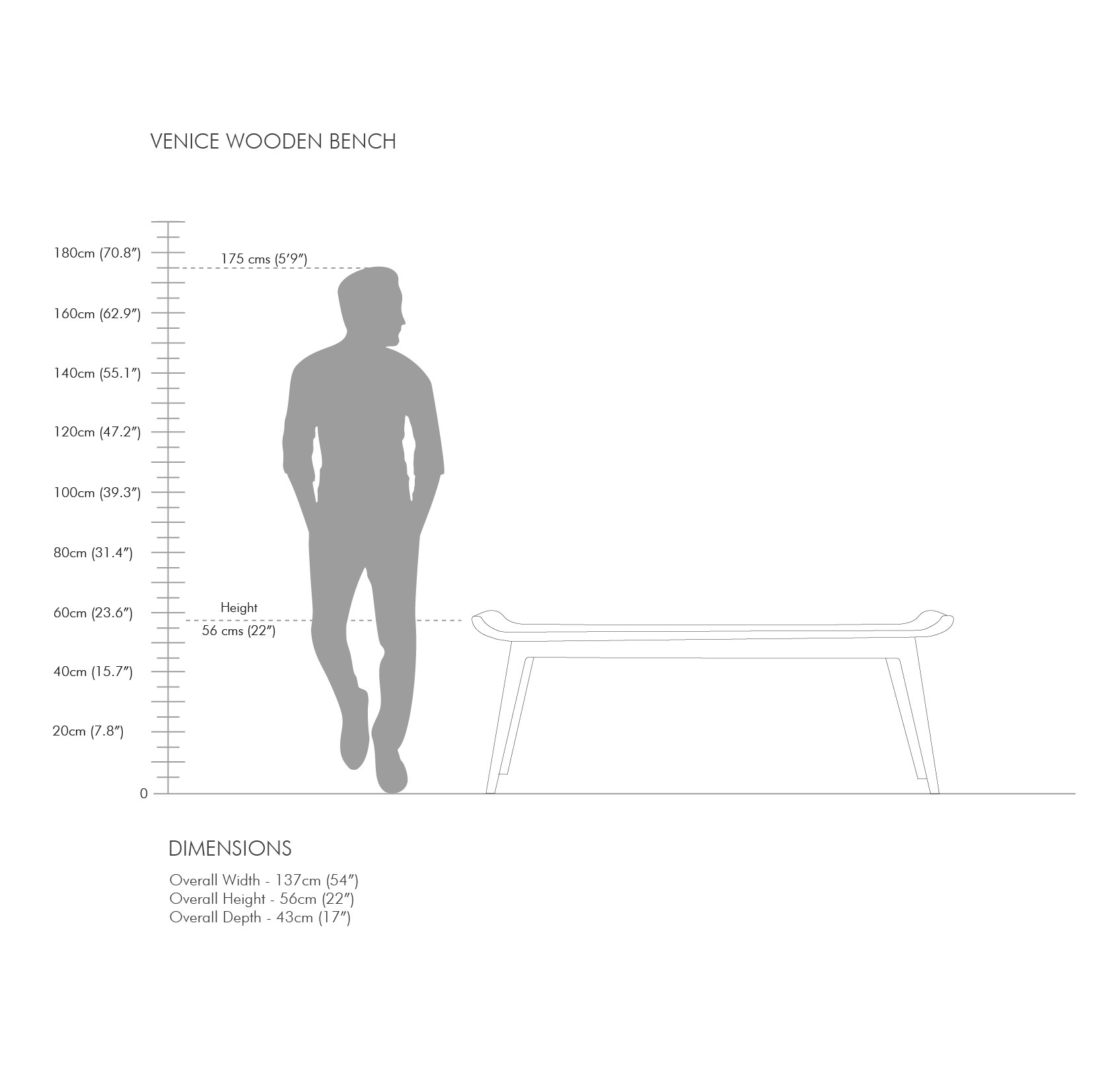 Wooden bench in teak wood with natural finish