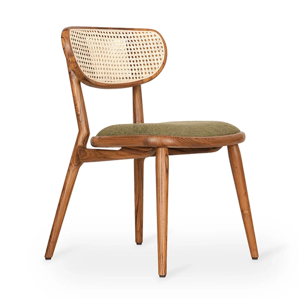 Cane dining chair in teak wood with natural brown finish