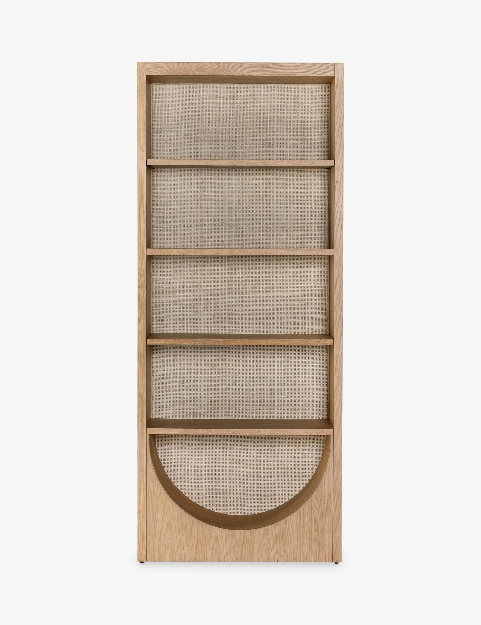 Arch bookshelf in teak wood and rattan with natural brown finish