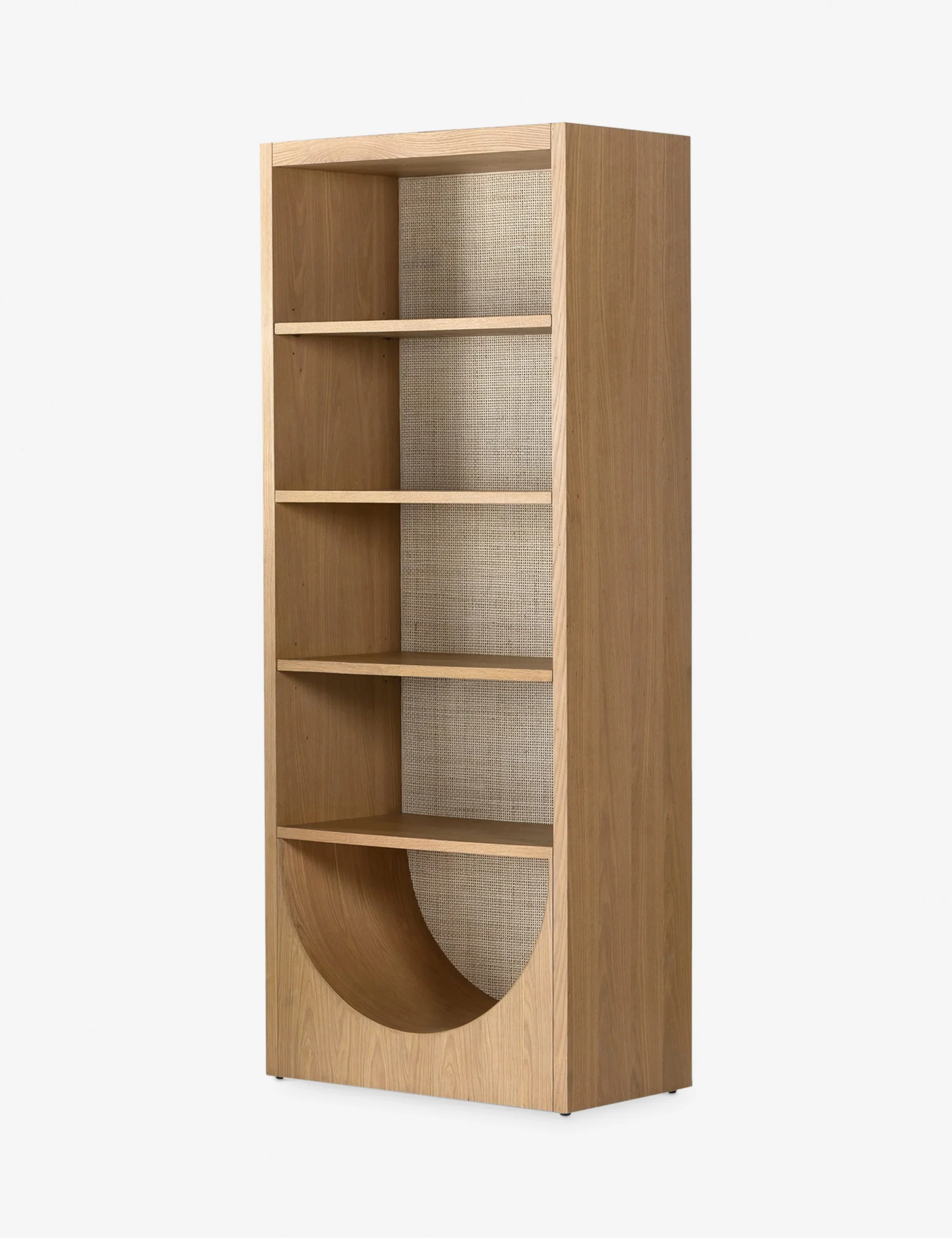 Arch bookshelf in teak wood and rattan with natural brown finish