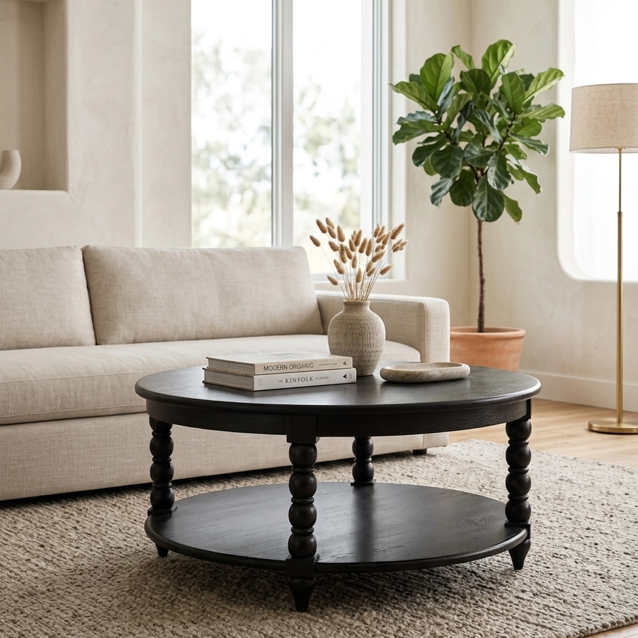 Alder Coffee Table in Teak Wood – Round Coffee Table with Storage Shelf