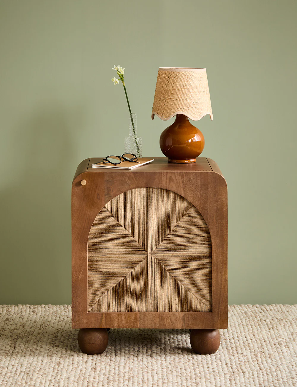 Cove side table in teak wood with woven rattan front