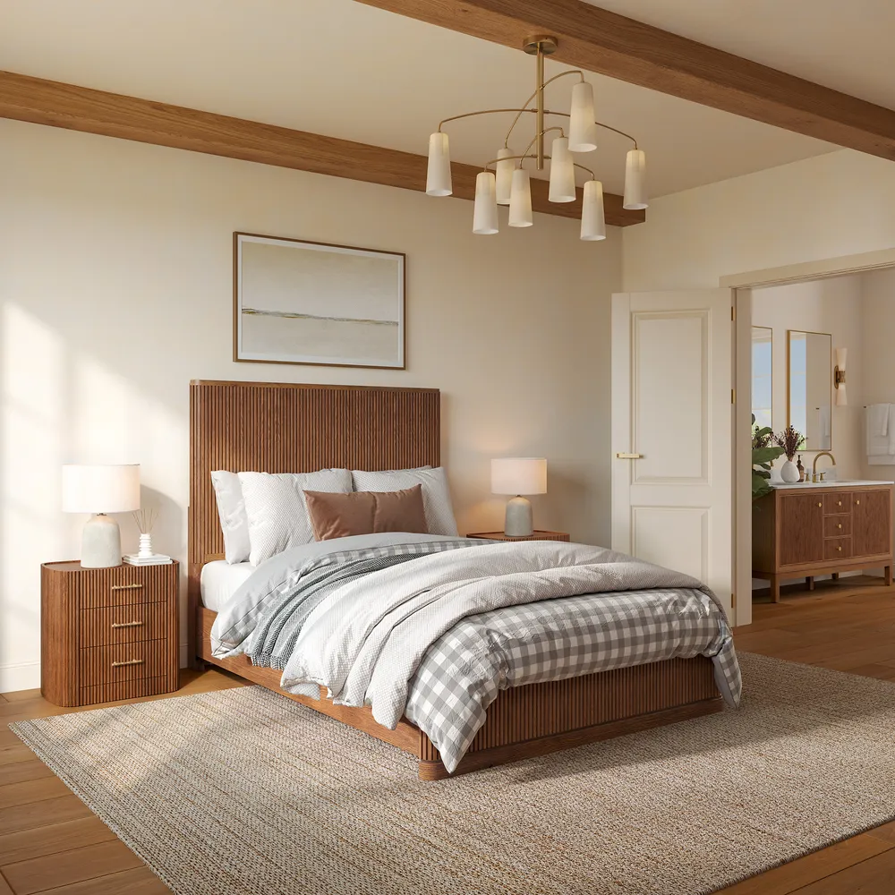Eros wooden bed in teak wood with natural brown finish