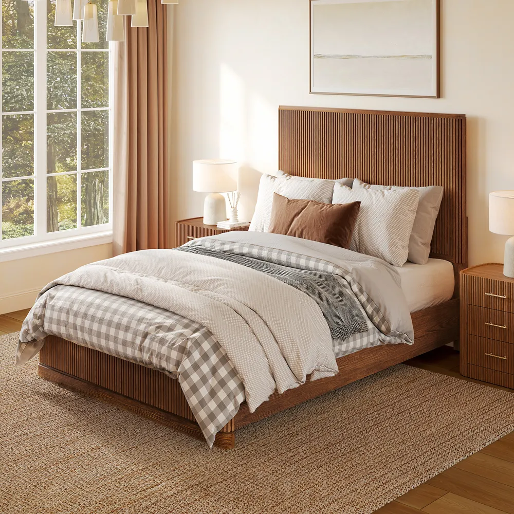 Eros wooden bed in teak wood with natural brown finish