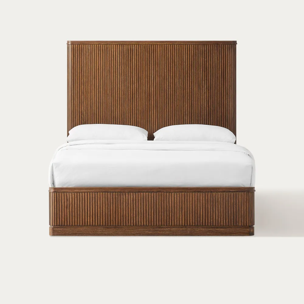 Eros wooden bed in teak wood with natural brown finish
