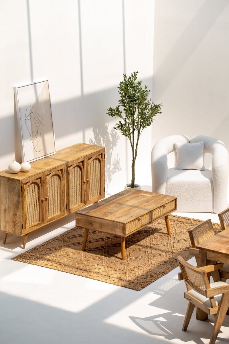 Arlo coffee table in solid teak wood with natural finish