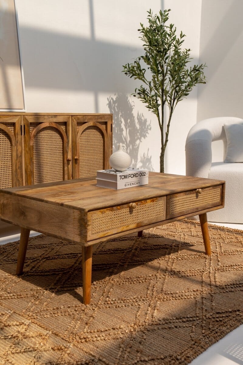 Arlo coffee table in solid teak wood with natural finish