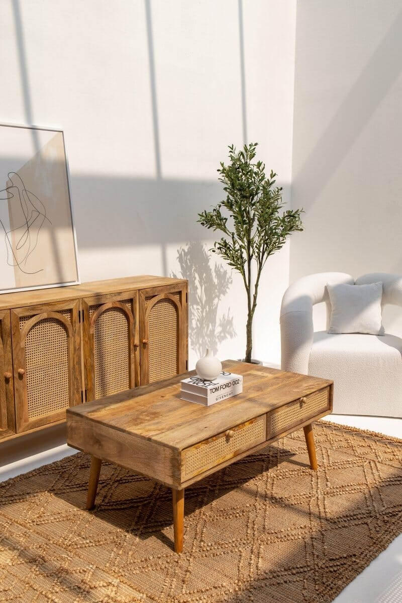 Arlo coffee table in solid teak wood with natural finish