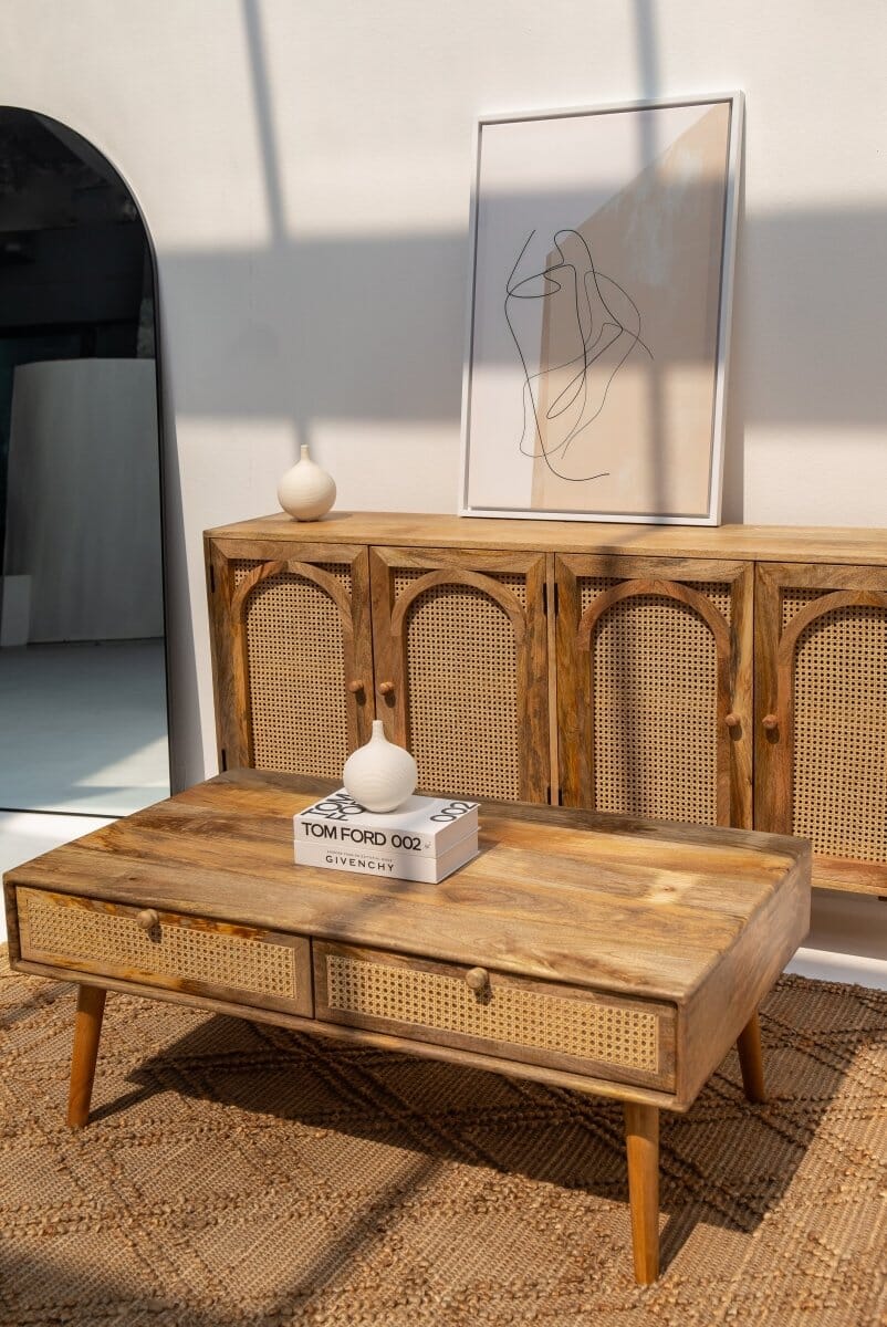 Arlo coffee table in solid teak wood with natural finish