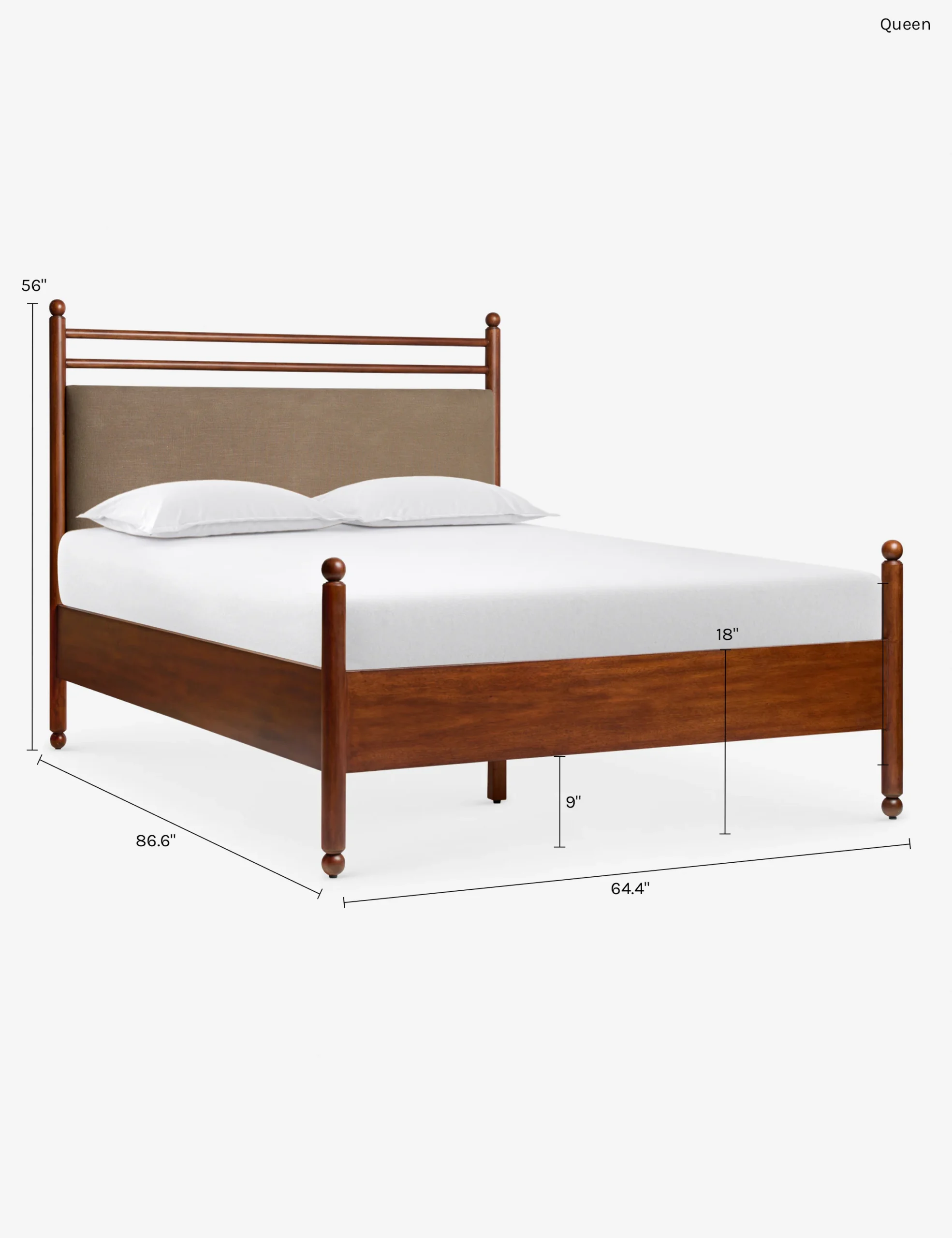 Ridge bed in teak wood with upholstered headboard