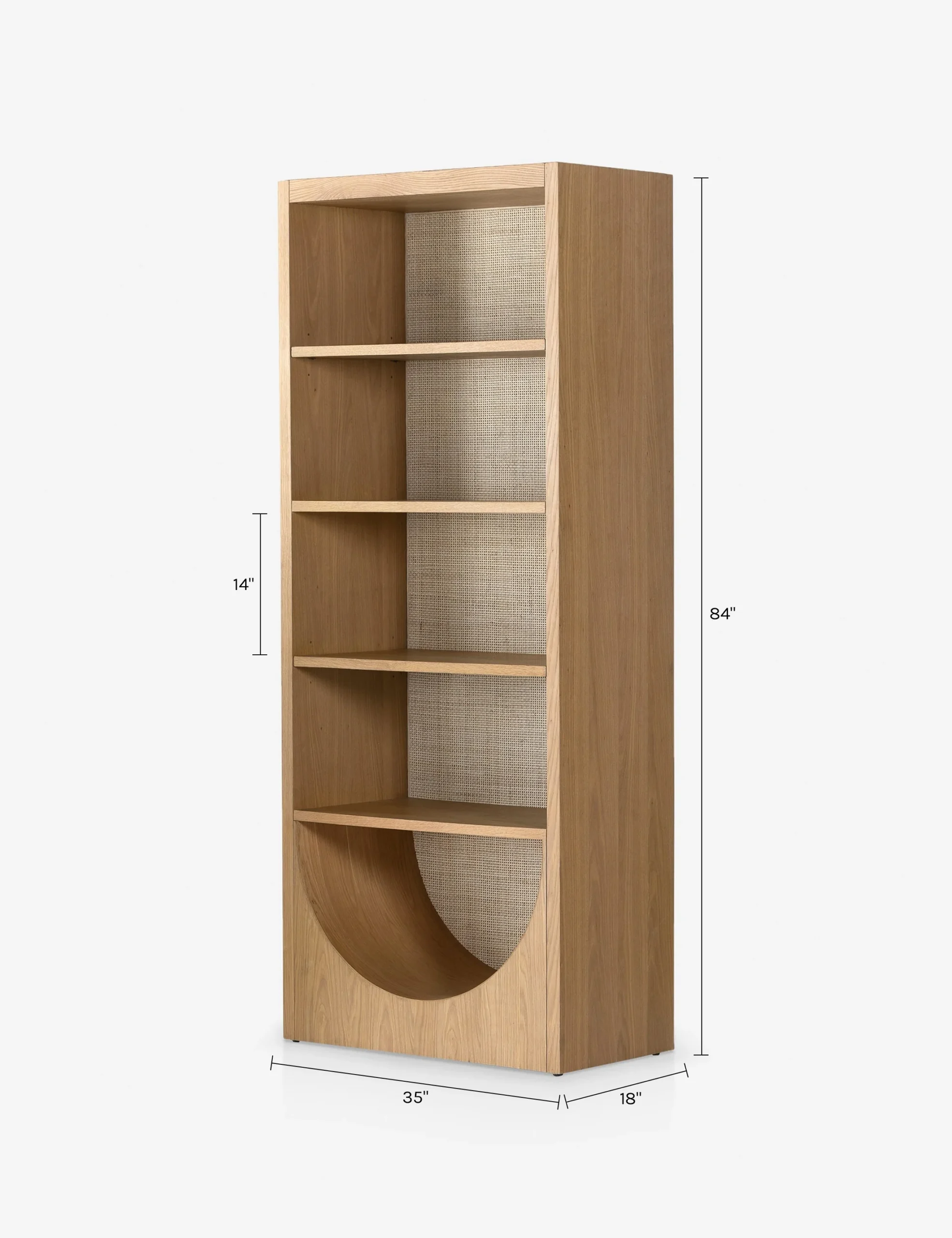 Arch bookshelf in teak wood and rattan with natural brown finish