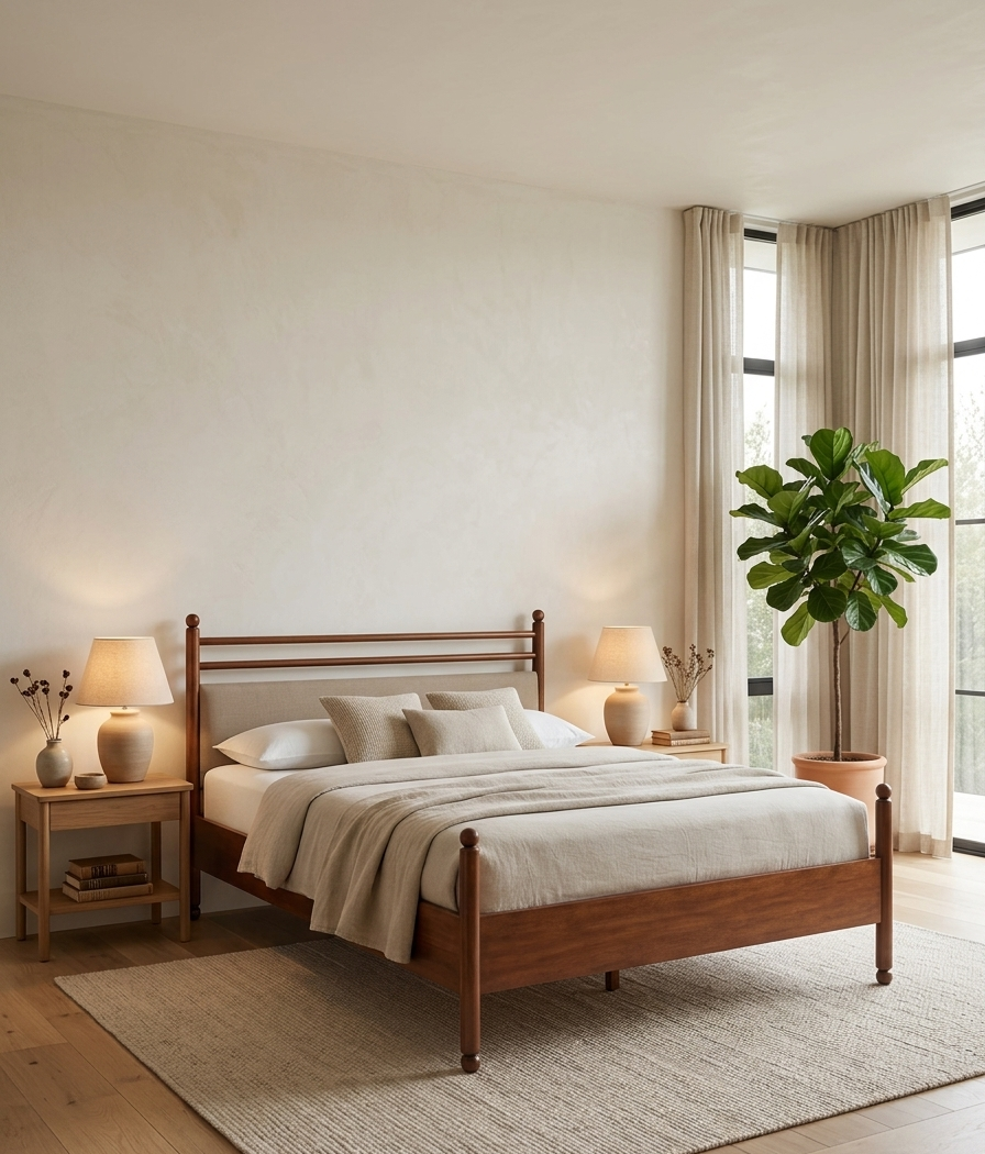 Ridge bed in teak wood with upholstered headboard