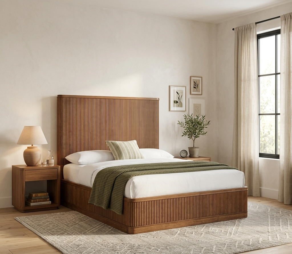 Eros wooden bed in teak wood with natural brown finish