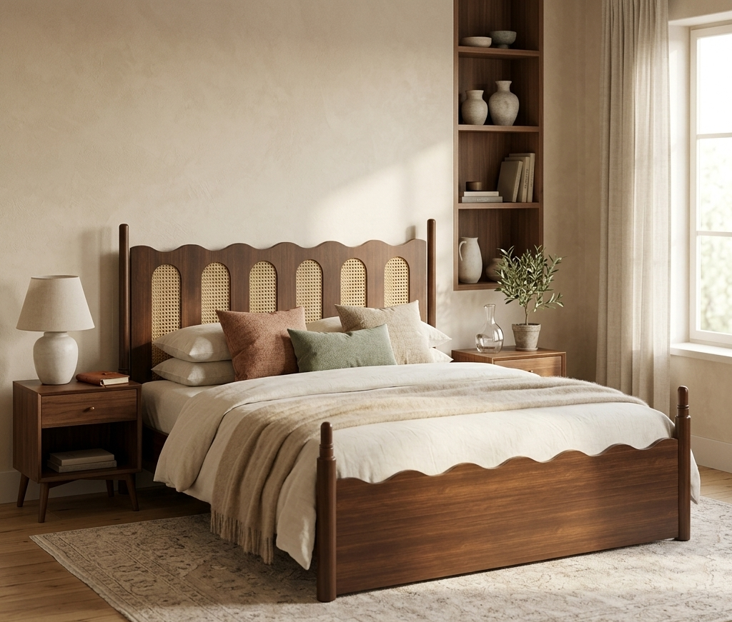 Soren cane bed in teak wood with natural brown finish