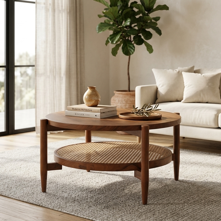 Haven coffee table in teak wood and natural cane rattan