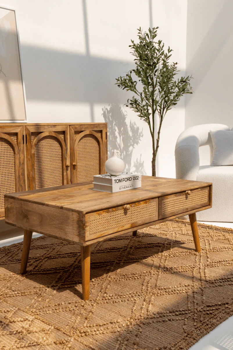 Arlo coffee table in solid teak wood with natural finish