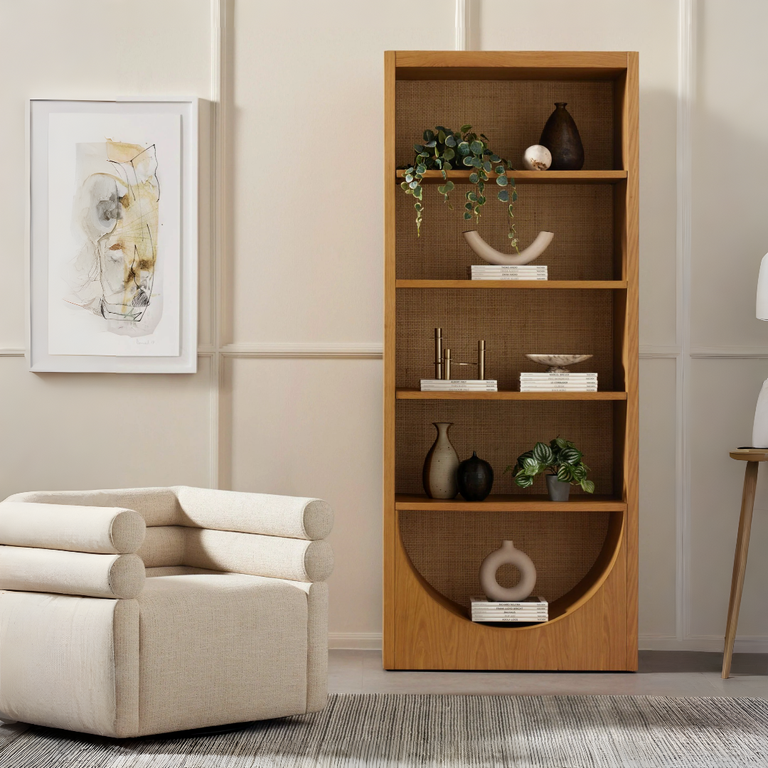 Arch bookshelf in teak wood and rattan with natural brown finish