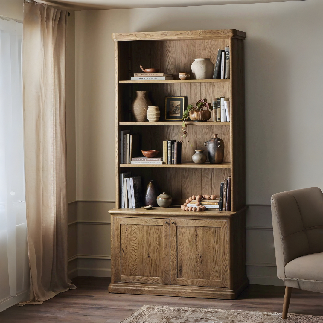 Portal bookshelf in teak wood with natural brown finish