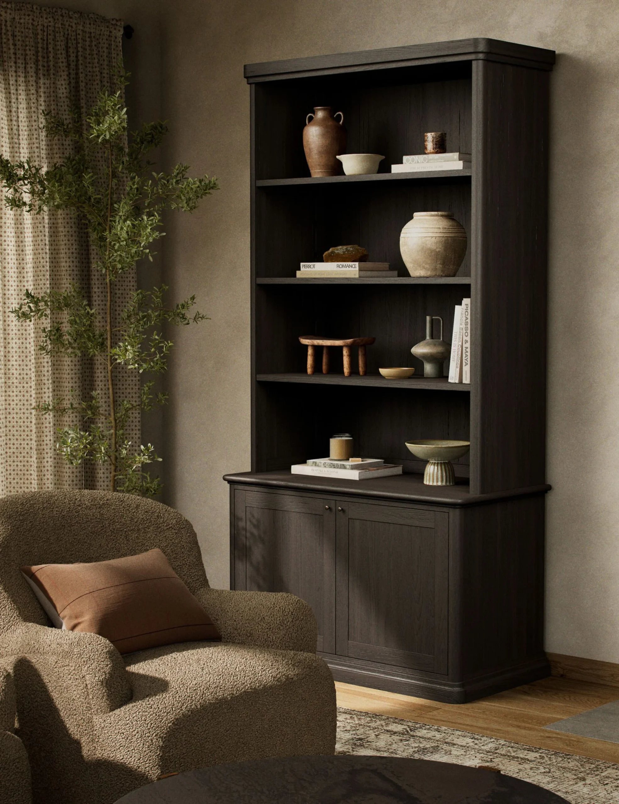 Portal bookshelf in teak wood with natural brown finish