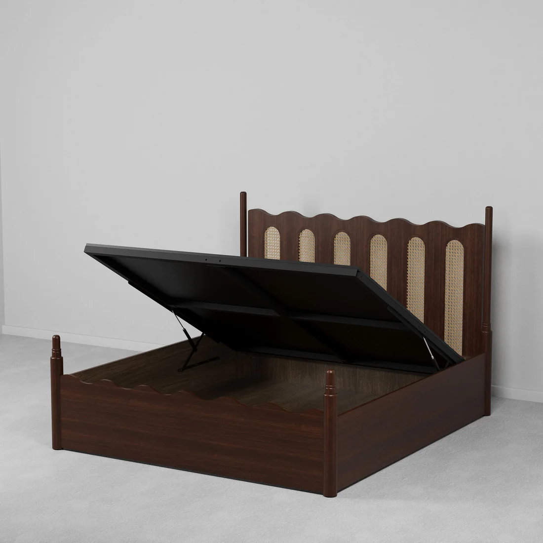 Soren cane bed in teak wood with natural brown finish