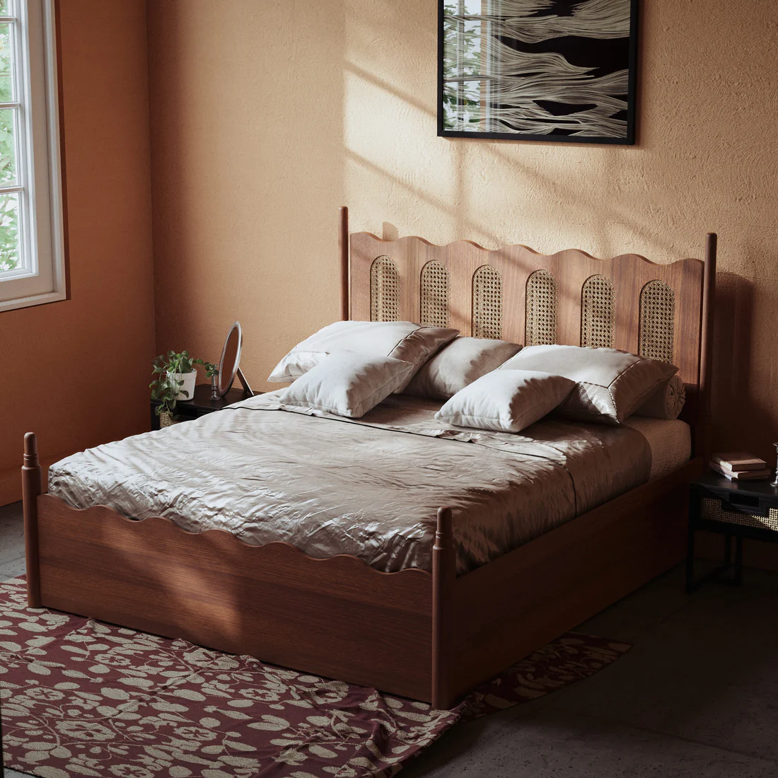 Soren cane bed in teak wood with natural brown finish