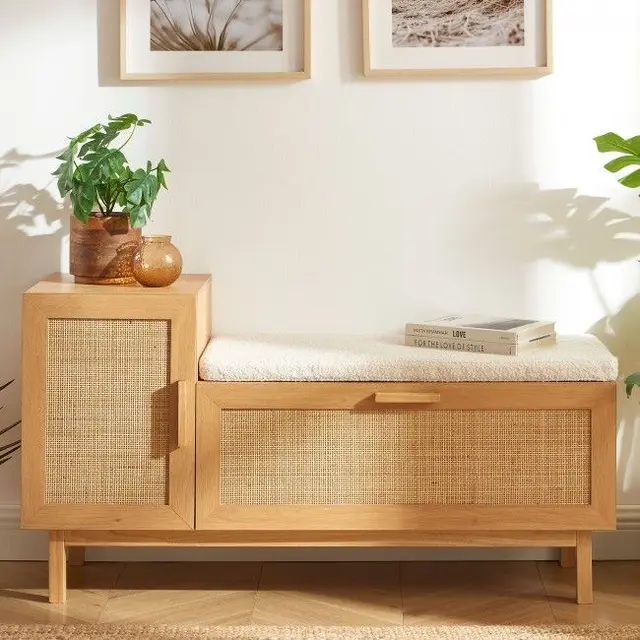 Rattan shoe bench in teak wood with upholstered seat