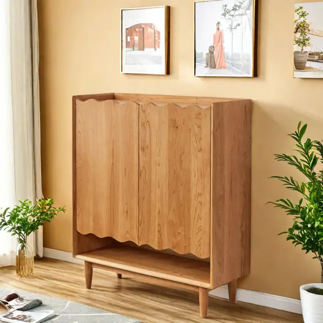 Wooden arch shoe cabinet in teak wood with upholstered top