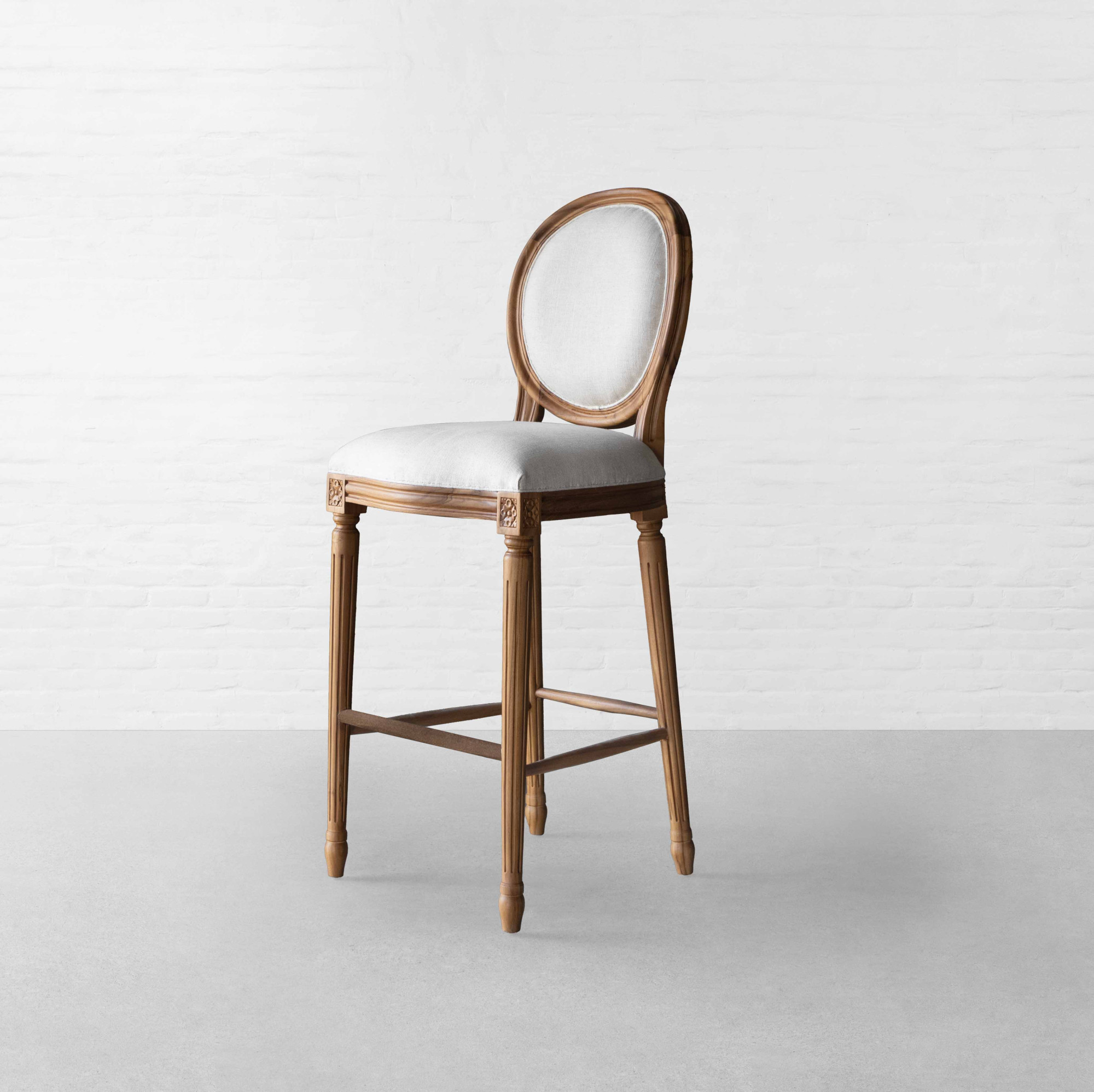 Antique bar chair in teak wood with cotton canvas upholstery Antique bar chair in teak wood with cotton canvas upholstery