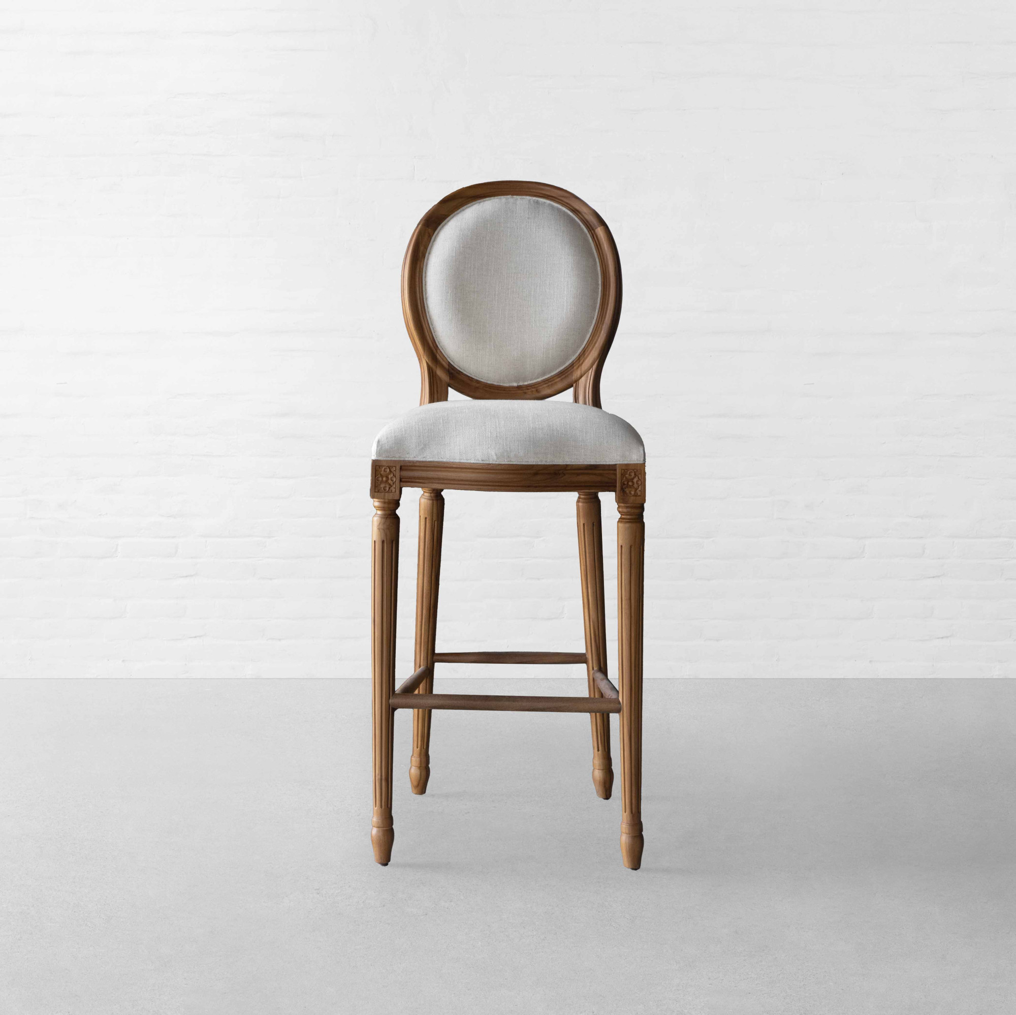 Antique bar chair in teak wood with cotton canvas upholstery