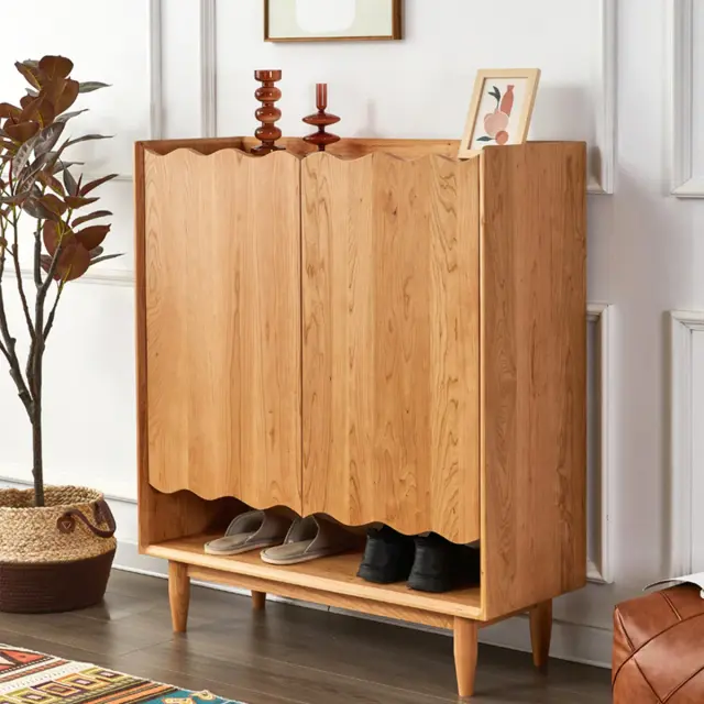 Wooden arch shoe cabinet in teak wood with upholstered top