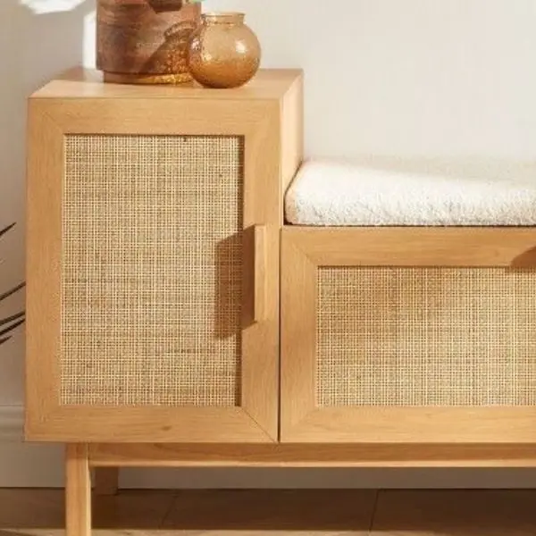 Rattan shoe bench in teak wood with upholstered seat