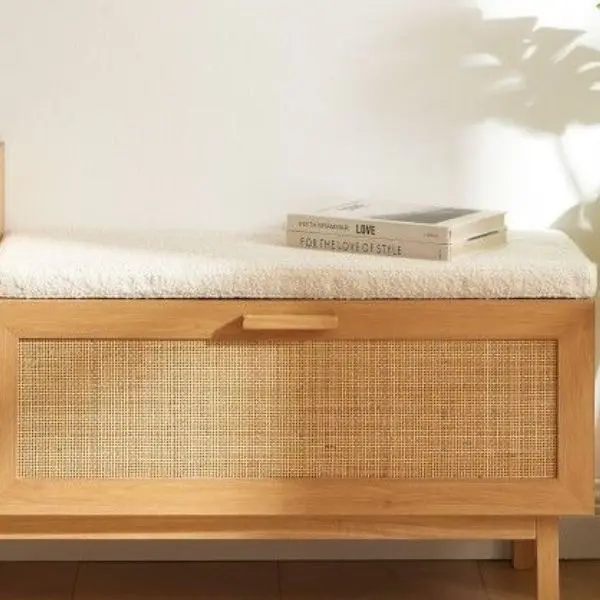Rattan shoe bench in teak wood with upholstered seat
