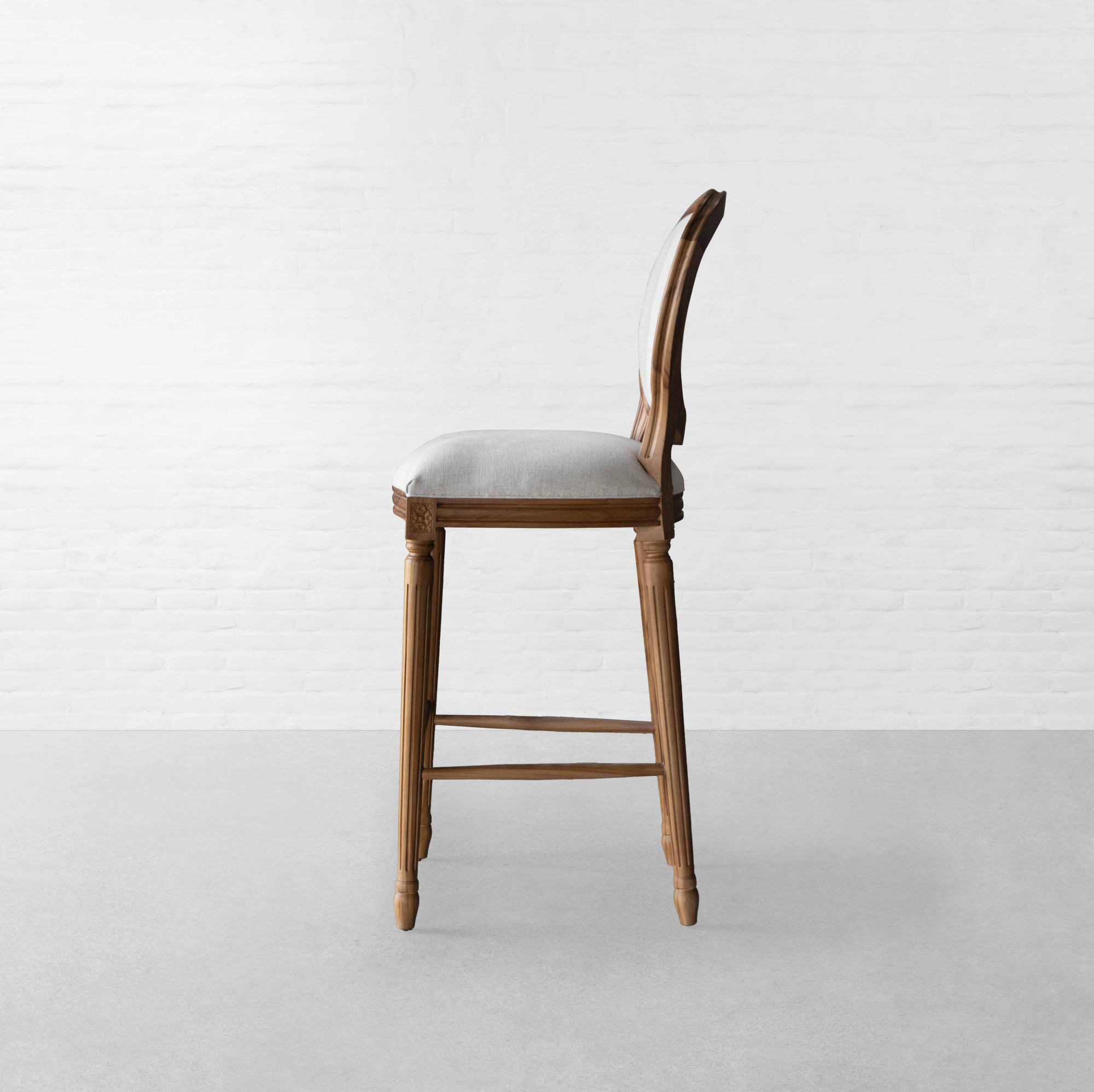 Antique bar chair in teak wood with cotton canvas upholstery Antique bar chair in teak wood with cotton canvas upholstery