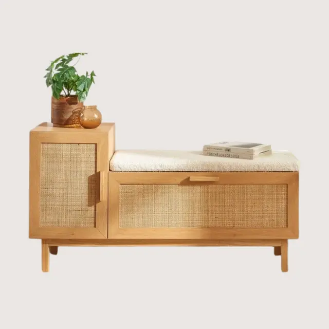 Rattan shoe bench in teak wood with upholstered seat
