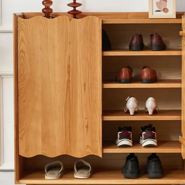 Wooden arch shoe cabinet in teak wood with upholstered top