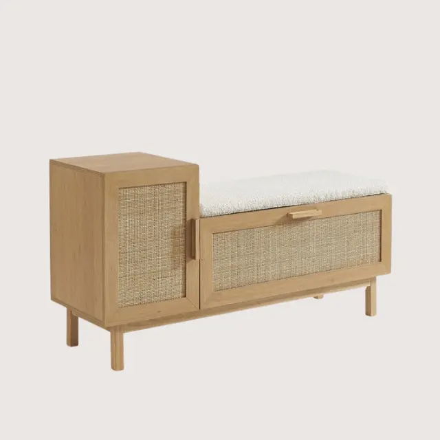 Rattan shoe bench in teak wood with upholstered seat