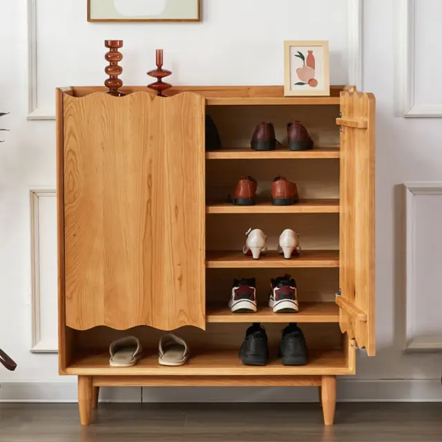 Wooden arch shoe cabinet in teak wood with upholstered top