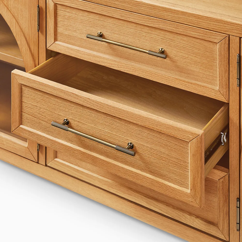 Media console in solid mango wood with arched accents