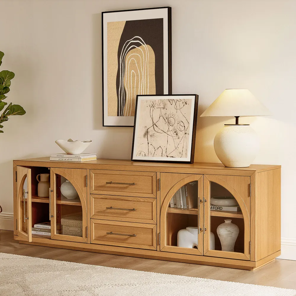 Media console in solid mango wood with arched accents