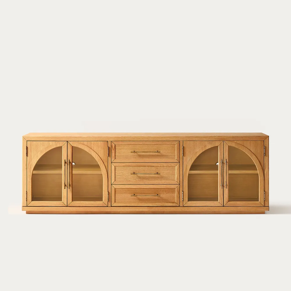 Media console in solid mango wood with arched accents