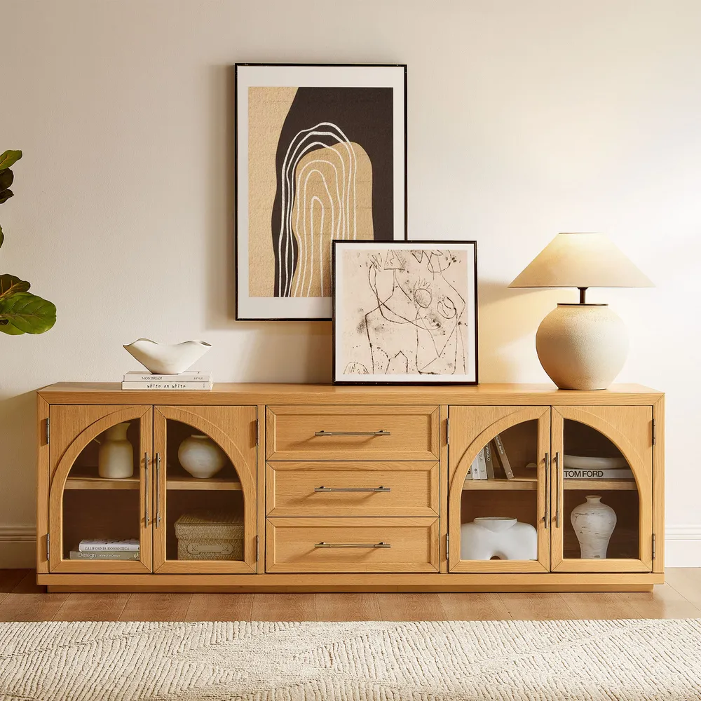 Media console in solid mango wood with arched accents