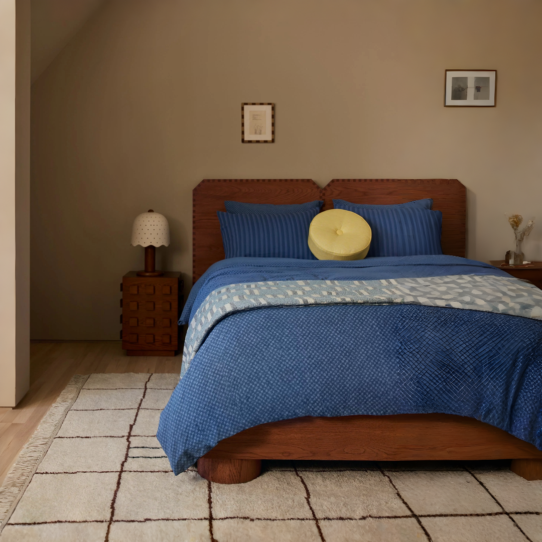 Wooden Orin bed in teak wood with natural brown finish