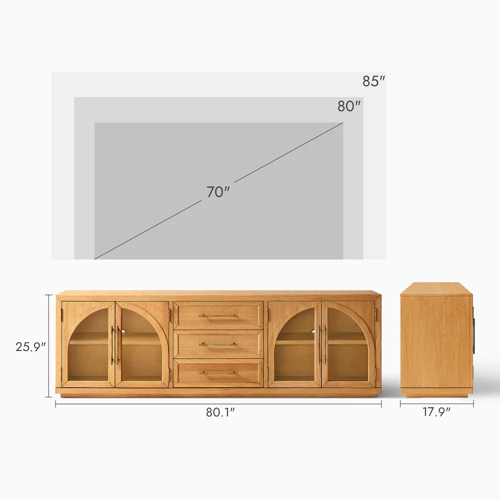 Media console in solid mango wood with arched accents
