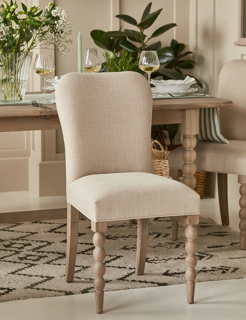 Heritage Grain dining set in solid teak wood with upholstered chairs