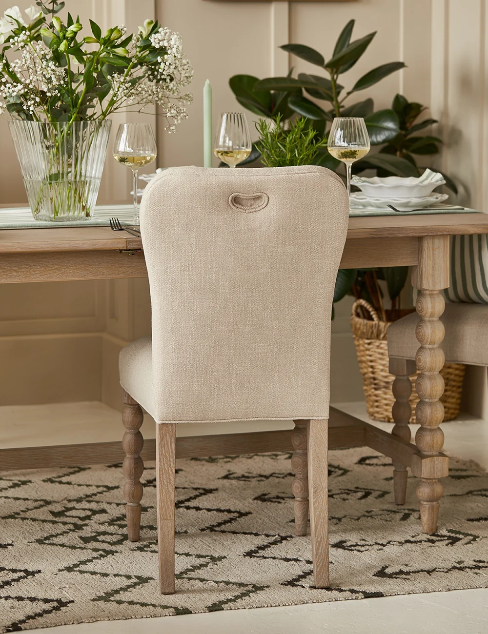Heritage Grain dining set in solid teak wood with upholstered chairs