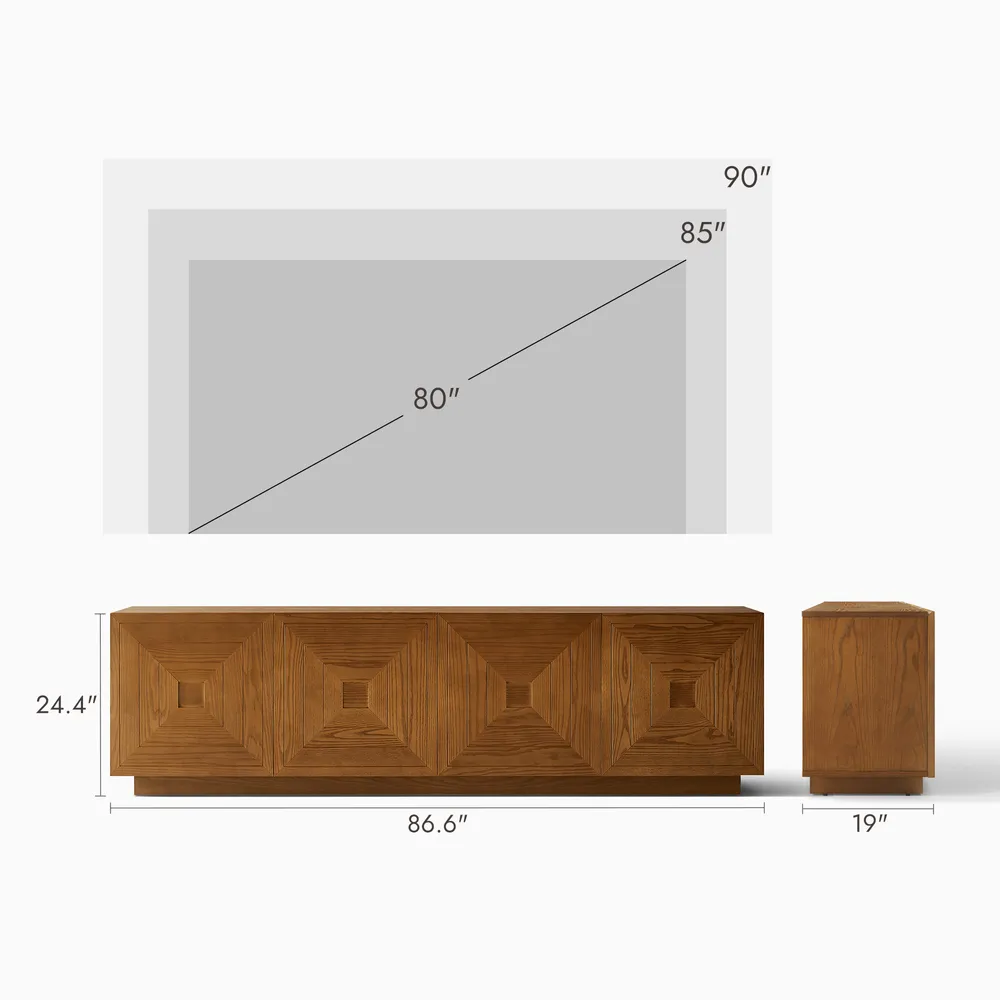 Carving Media Console in teak wood with natural brown finish